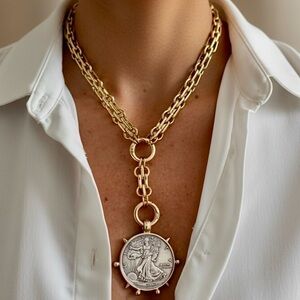 Gold Plated Walking Liberty 1900 Coin Necklace Y Lariat